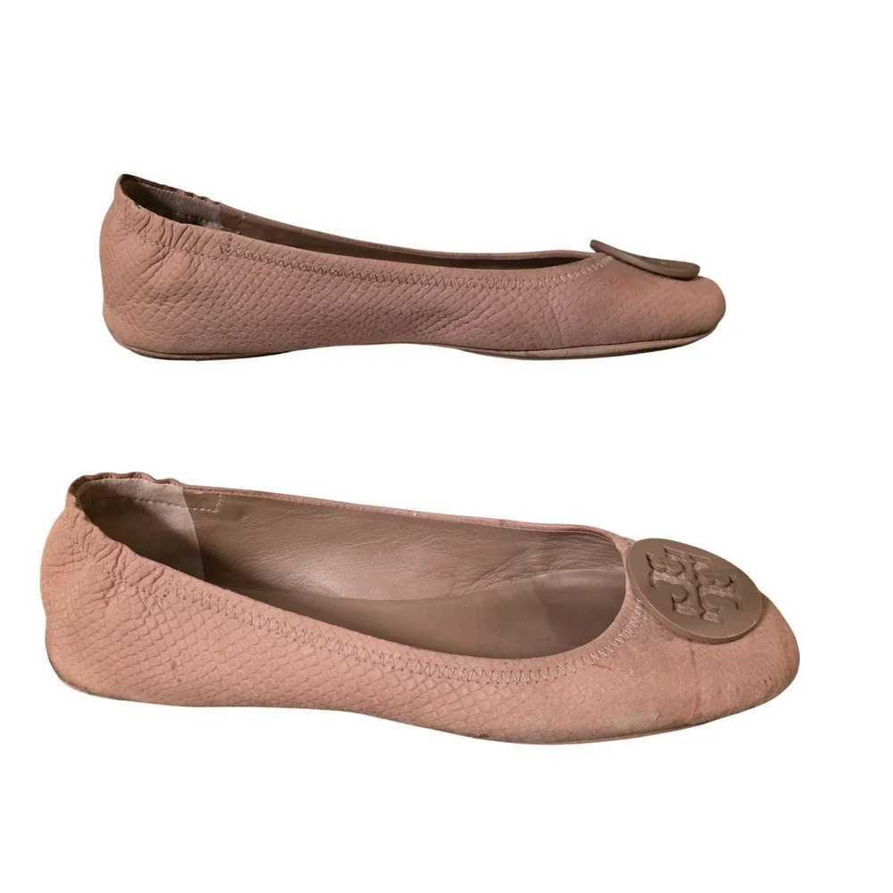 Tory Burch Minnie Travel Ballet Flats Pink Snakeskin Embossed Leather Womens 10